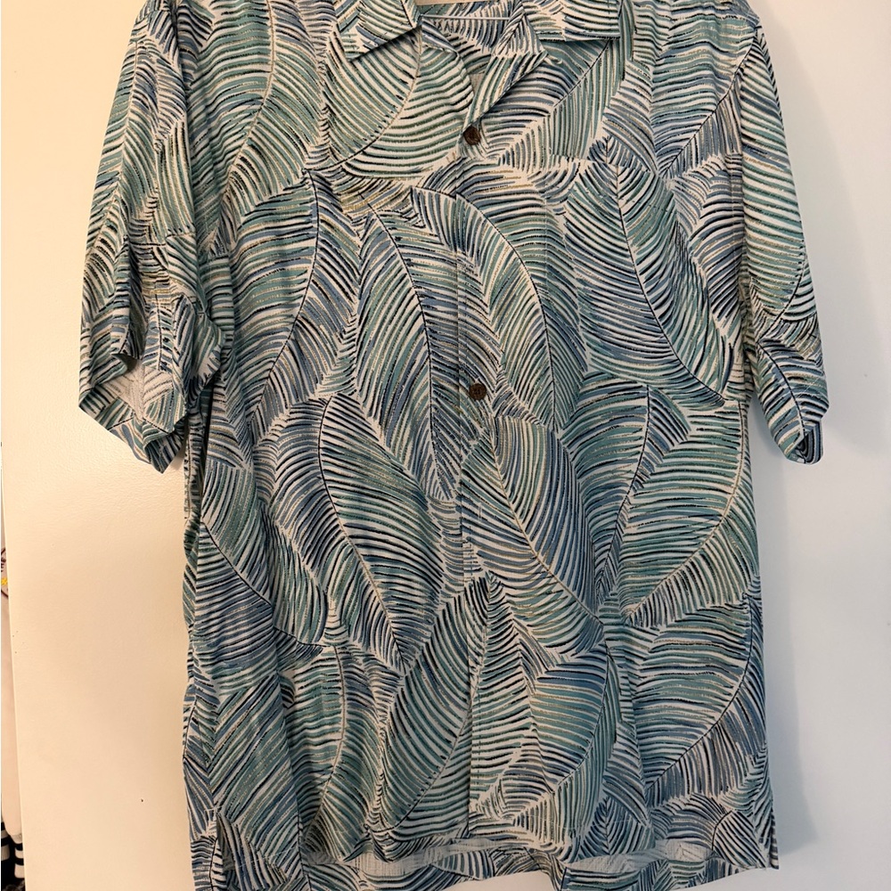 Tommy banana Tropical Leaf Print Button-Up Shirt - Teal & Navy